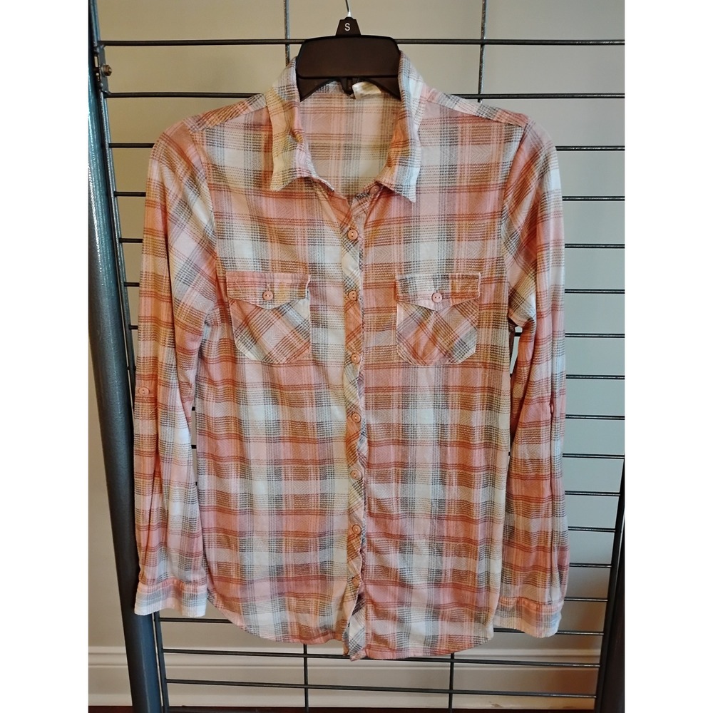 Passport Womens Pink Plaid Button Down Long Sleeve Roll Tab Shirt Medium